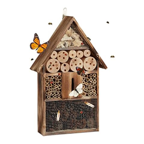 Relaxdays Insektenhotel 50 cm groß, Zum Aufhängen, Bienenhotel und Schmetterlingshaus, Geflämmtes Holz, natur Cover