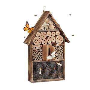 Relaxdays Insectenhotel, 50 cm groot, om op te hangen, bijenhotel en vlinderhuis, gevlamd hout, naturel