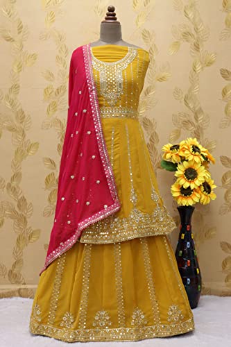 Shriva Fashion Indian Pakistani traditional rich look lehenga type georgette salwar kameez suit for women with dupatta (2404) (Yellow, Medium) - Thumbnail 3
