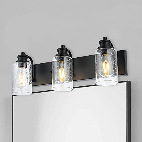 Image of 3 Lights Black Vanity Light Fixtures Over Mirror with Seedy Glass Shade,Industrial Wall Mount Lamp Metal Bathroom Lighting