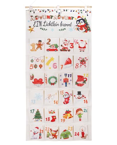 ALONK 2025 Adventskalender zum Befüllen Aufhängen, Wiederverwendbar Stoff Adventskalender zum Befüllen, Weihnachten Wandkalender mit 24 Stoffbeutel(100x50cm)