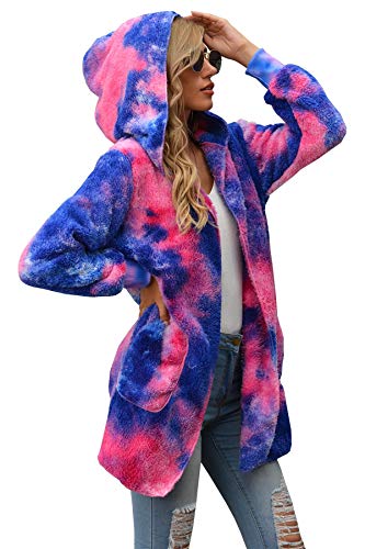 LAMISSCHE Womens Fuzzy Sherpa Fleece Hooded Cardigan Long Sleeve Open Front Jacket Tie Dye Plaid Coat with Pockets(Tie Dye-Purple Red,3XL)