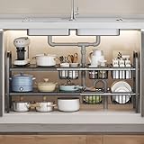 JPSunBloom シンク下収納ラック 洗面台下収納 伸縮式 2段収納 キッチン シンク下フリーラック 伸縮棚 流し台下 高さ調整可能 組み立て簡単 省スペース (ブラック, 棚板5枚+バスケット5個)