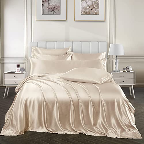 Image of Ersmak 7 Pieces Satin Sheets Set California King Size, Luxury Silky Beige Satin Bed Sheets Set with 1 Deep Pocket Fitted Sheet, 1 Soft Flat Sheet, 4 King Pillowcases and 1 Body Pillowcase