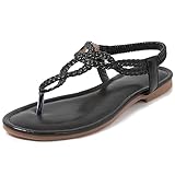 iCKER Women's Braided T-strap Thong Flat Sandals Elastic Brand Gladiator Flip Flop Shoes-Woven Black-9
