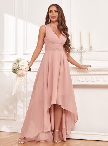 High Low Bridesmaid Dresses for Women Chiffon Long Formal Party Dress V Neck Evening Gowns4