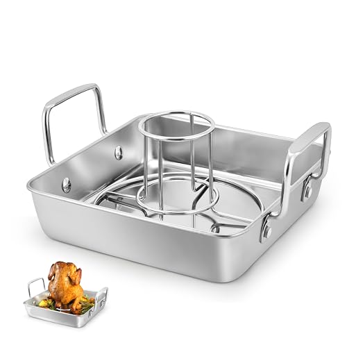 Leonyo Beer Can Roasting Chicken Holders, Stainless Steel 9 Inch Chicken Roasting pans, Heavy duty Roaster Pan with Vertical Rack for Grilling, Smoker BBQ, Oven & Dishwasher Safe