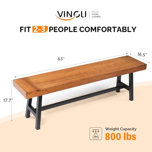 Image of VINGLI Outdoor Bench with Metal Legs Rustic, Wood Dining Bench Indoor Outdoor Porch Benches for Yard Garden Dining (63in)