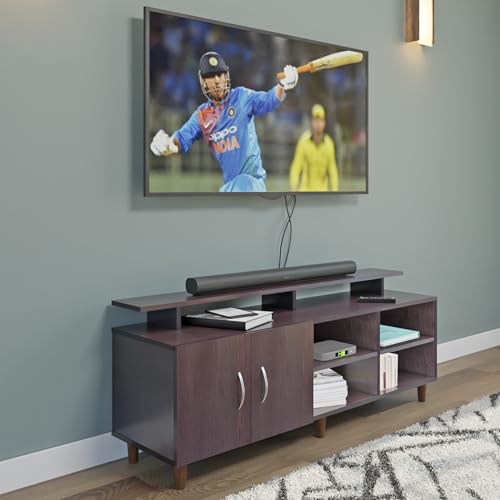 Image of VIKI Modern TV Unit for Living Room | Engineered Wood TV Cabinet with 2 Door Storage, 2 Open Shelves & Extension, Entertainment Unit, 140W x 48H x 40D cm | DIY | 1 Year Warranty (Wenge)