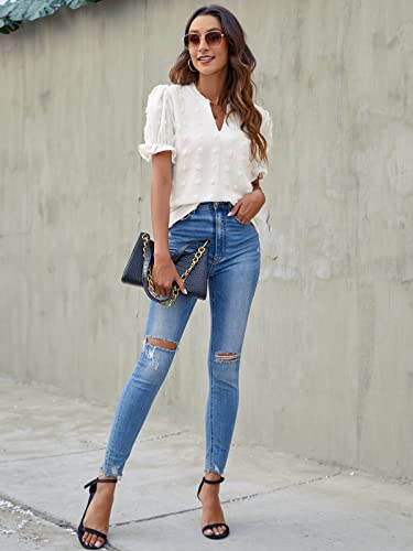 Blooming Jelly Women's Puff Sleeve Cute Shirts Swiss Dot White Blouse Chic V Neck Short Sleeve Tee Shirts(White,Medium) #TOP3