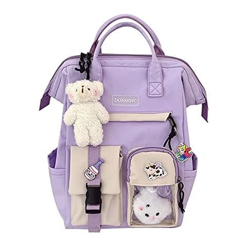 Kawaii Backpack with Kawaii Accessories Kawaii Pendant School Bag Student Backpack Large Capacity Book Bag Waterproof Preppy Style Backpack for Teenage Girls Cover