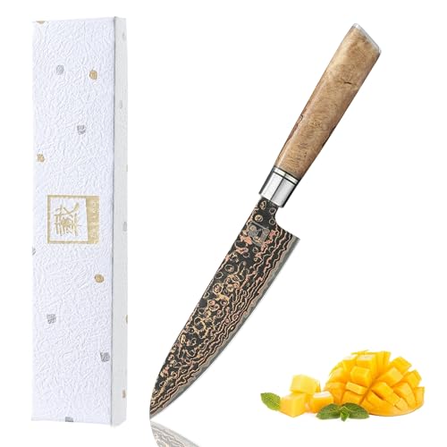 zayiko BlackMagma Damastmesser I 14 cm Klinge aus Damaststahl mit Kupfer & Bronze sowie Ahornholzgriff I Edles Damast Küchenmesser in Geschenkbox...