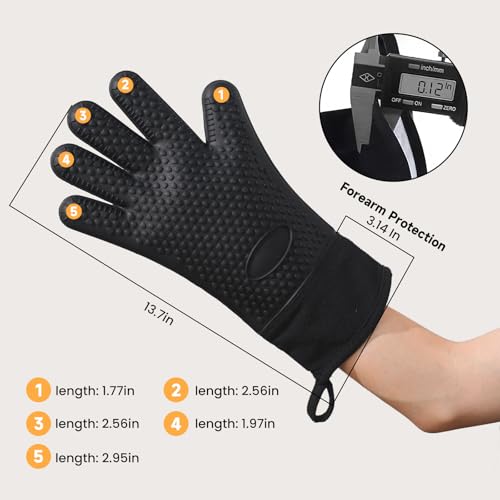 GEEKHOM Silicone Oven Gloves Heat Resistant BBQ Gloves with Cotton Lining for Kitchen Cooking, Baking & Grill Accessories, Waterproof Non-Slip Grill Mitts for Men Women, Dishwasher Safe