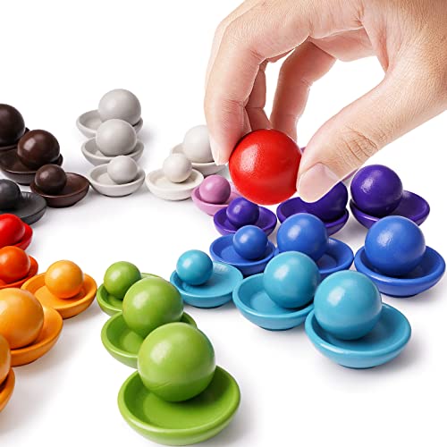 Tengzhen Montessori Balls In Dishes Toy Wooden Color Sorter Game 36 Balls 3 Bowl Color Sorting And Preschool Learning Education Fine Motor Skill Toys For Toddlers Counting Toys(Rainbow) #TOP3