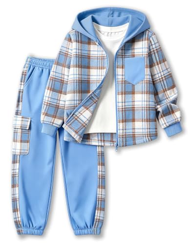 Image of Toddler Boy Clothes Plaid Hooded Shirt White T-shirt Top and Solid Color Pants 3Pcs Winter Boys Clothes