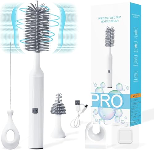Ivywind Electric Baby Bottle Brushes for Cleaning,3 in 1 Waterproof Silicone Baby Bottle Brush,Nipple Brush,Straw Cleaner,Two-speed Cleaning Mode,360° Rotating Cleaning,1200mAh,Long Handle (Grey)