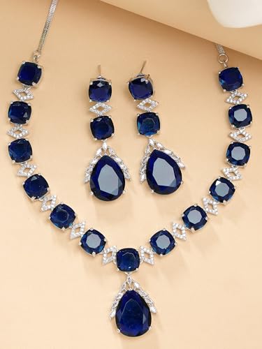 Image of Karatcart Elegant Silver Plated Blue American Diamond Necklace Set for Women