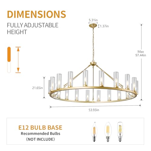Image of 20 Light Large Wagon Wheel Chandelier with Clear Glass Shade Gold Round Pendant Light Farmhouse Industrial Chandeliers Dining Room Light Fixture for Stair Living Room Foyer Kitchen