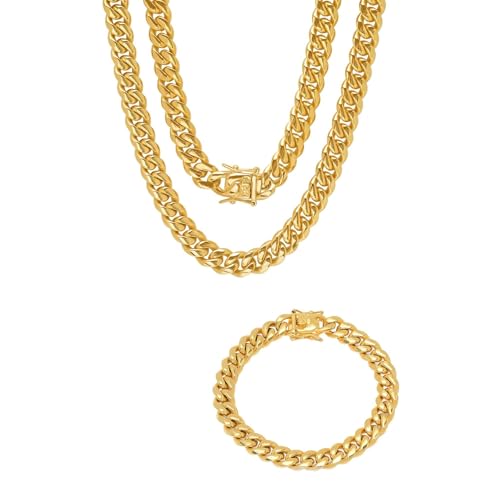 Steeltime 18k Gold Plated Stainless Steel Miami Cuban Bracelet/Necklace Set