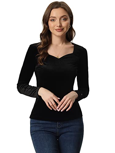 Allegra K Velvet Tops for Women's Long Sleeves Sweetheart Neck Blouse3