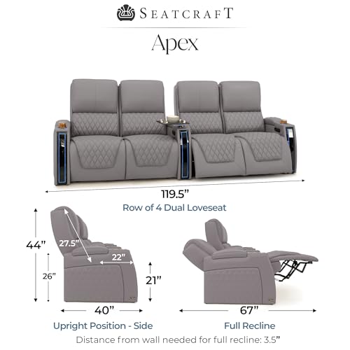 Image of Seatcraft Apex Gray Italian Leather Home Theater Seating, Zero Gravity Power Recliner Chair, Powered Headrest and Lumbar Gaming and Lounge Sofa Furniture for Cinema Room, Row of 4 Dual Loveseats