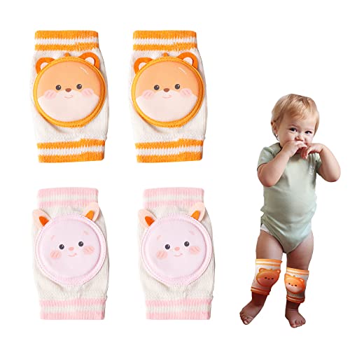 2 Pairs Baby Knee Pads for Crawling, Baby Knee Protectors Breathable Crawling Knee Pads with Sponge Pad, Anti-Slip Knee Pads Leg Warmers Protective Cover for Unisex Babies Infant Toddler,Orange+Pink