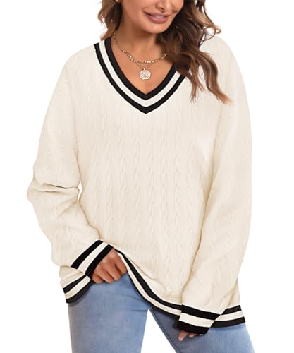 Image of CARCOS Plus Size Sweaters for Curvy Women Long Sleeve Cable V Neck Sweater Knit Pullover Preppy Style Fall Winter XL-5XL
