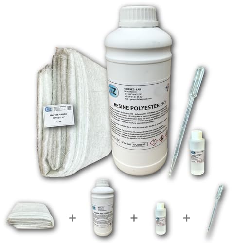 Résine Polyester iso 1 Kg + 1 m² tissu de verre 300 gr/m² + Catalyseur + Pipette de dosage