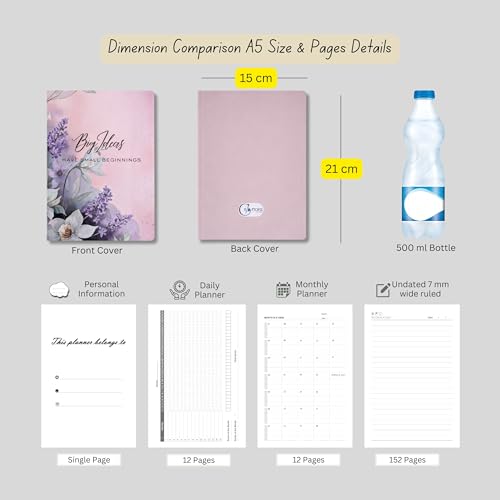 Image of Motivational Floral A5 Notebook Diary for Women & Students | Softbound Laminated Cover | Monthly Planner + Daily Planner | 21 x 15 cm Ruled Journal | Inspirational Quote Cover (Peach Big Ideas have small beginnings)