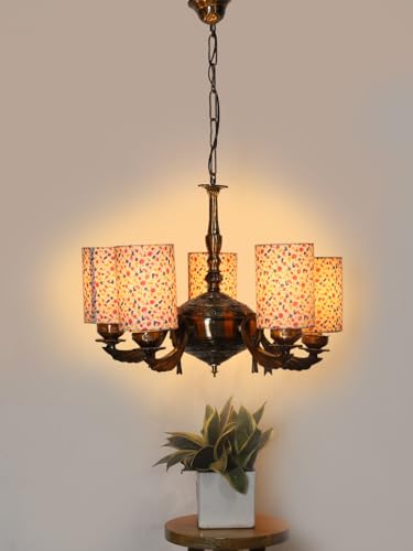 Image of Devansh 05-Light Round Printed Multicolor Cotton Shade Chandelier - Antique Golden Finish | Adjustable Cord | Warm Glow Lamp - Ceiling Light for Living Room, Dining Area, BedroomDecor - D18