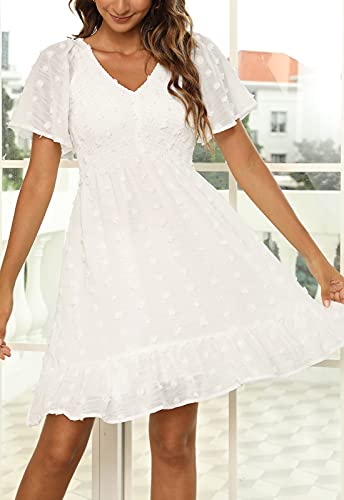 Annebouti Womens 2025 Spring Summer Mini Smocked Swiss Dot Dresses Short Sleeve Babydoll Casual Dress4