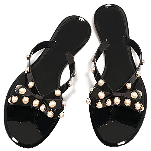 Image of TYFLOVE Women Rivet Flip Flops Studded Jelly Thong Sandals with Bow Summer Bowtie Flat Beach Rain Shoes