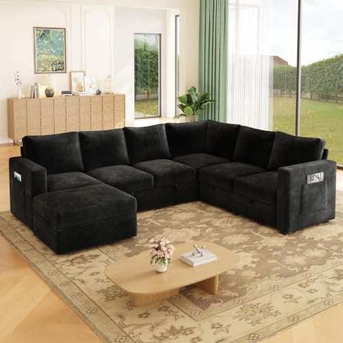 Image of 106.7 inch Chenille Sectional Sleeper Sofa, Pull Out Couch with Storage, Black | 7 Seat Comfy Couches for Living Room, Apartments, or Guest Spaces; Sectionals Modular Sofa Design, Comfortable Seating.