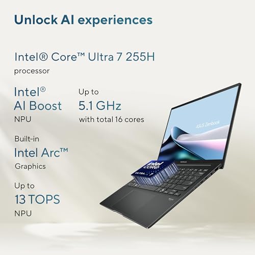Image of ASUS Zenbook 14 OLED Touchscreen AI PC Laptop,14 inch FHD+, Intel Ultra 7 255H, 16GB DDR5, 512GB SSD,16-Core (> i9-13900H), Backlit, 2x Thunderbolt 4, Wi-Fi 7, IR Webcam, 18-Hr Battery, Win 11 Pro, UX3405