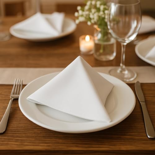 Image of 100% Cotton Dinner Napkins (Set of 6) - 12x12 Inch Premium Sateen Weave - 300 TC Soft, Reusable & Durable Table Napkins - White