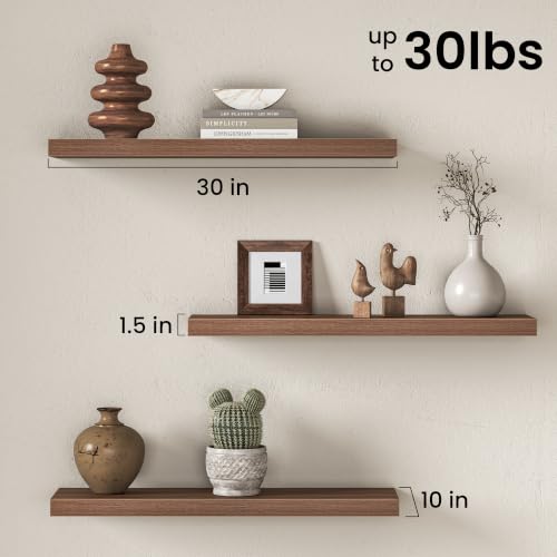 Image of Fun Memories 30 Inch Floating Shelves for Wall, Walnut Wood Wall Mounted Shelf with Invisible Bracket, 10 Inch Deep Large Shelves for Living Room Bathroom Bedroom, Set of 3