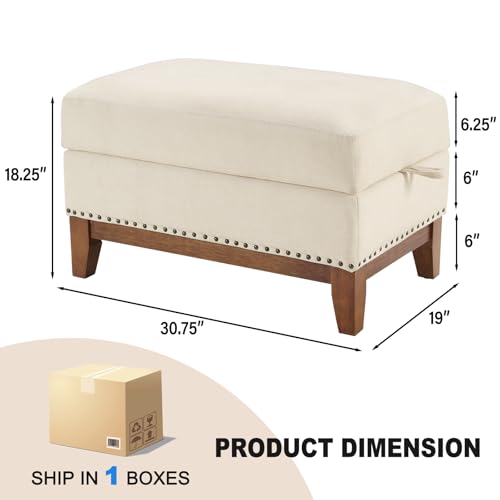 Image of Multifunctional Storage Ottoman with Flip-Top Table, Upholstered Footrest with Storage Space, Stylish Coffee Table with Solid Wood Legs for Living Room, Beige