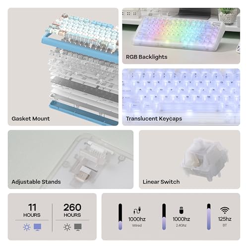 Image of KiiBoom Phantom81 Lite 75% Gasket Mechanical Keyboard, QMK&VIA Programmable, 3 Modes Wireless Gaming Keyboard, RGB Backlights, ABS Case, Hot-Swappable for Windows /Mac /Linux (Clear)