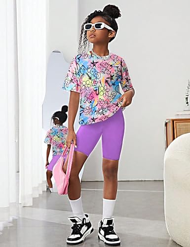 Image of Teen Girls Clothes 2 Piece Colored Tie Dyer Girls Summer Outfits Short Sleeve Fashion Printed T-Shirt and Pants