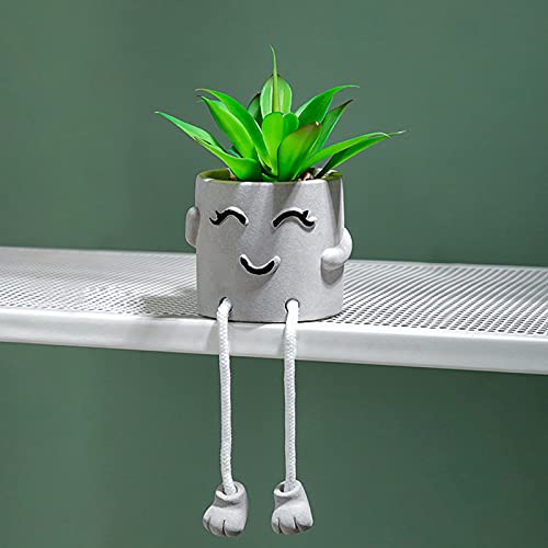 Lavenor Artificial Potted Plant Fake Succulent Plant Cute Hanging Leg Emotional Cement Potted Succulents Decor for Desk Shelf Bedroom Living Room and Office Decoration