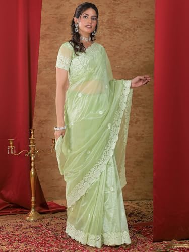 Image of Satrani Women's Net Embroidery Saree with Unstitched Blouse Piece