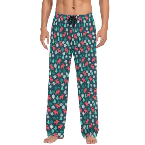 Mens Cotton Pajama Pants Sleep Lounge Pj Bottoms Sleepwear with Pockets Drawstring S Elk Tree Snowflakes2