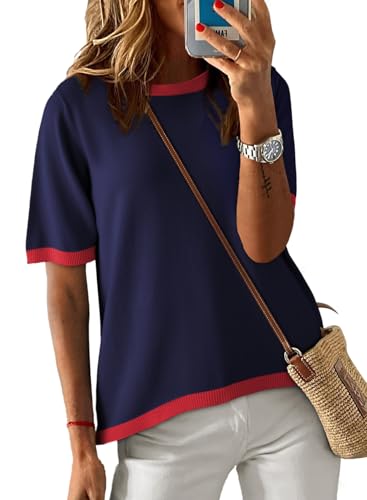 Image of Dokotoo Womens Tops 2026 Casual Summer Crewneck Short Sleeve Striped Color Block Knit High Low Trendy Pullover Sweaters