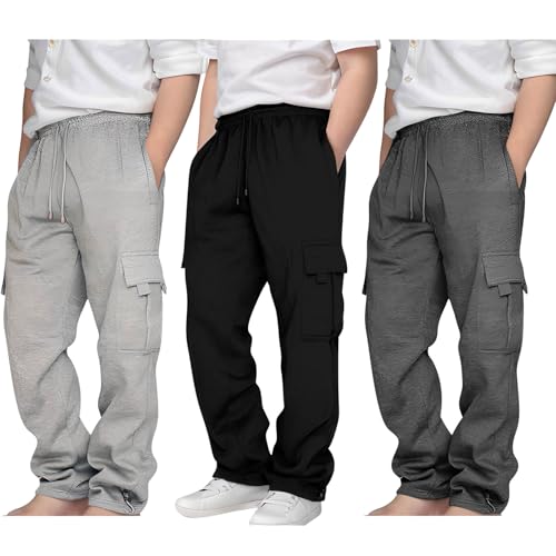 3 Pack Cargo Sweatpants for Boys Fleece Heavyweight Cargo Joggers Drawstring Elastic Waist Sweat Pants with Pockets 3-12 T