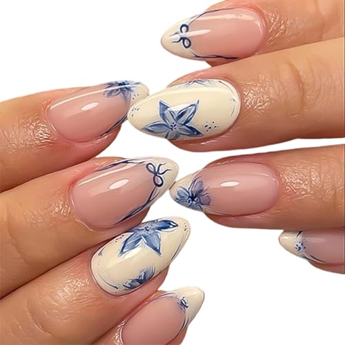 24 Pcs Nail Extensions For Women, Press On Nails, Blue And White Floral Design, Reusable Artificial Nails, Easy To Apply For Home Manicure, Parties And Special Occasions