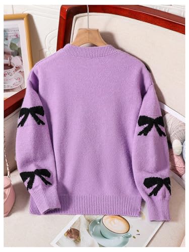Image of BEAUDRM Girl's Cute Bow Sweater Crew Neck Long Sleeve Drop Shoulder Loose Pullover Tops