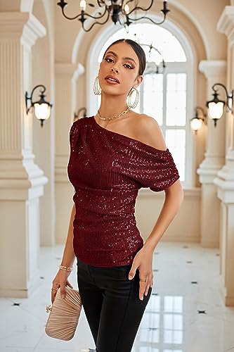 Image of GRACE KARIN One Shoulder Sequin Sparkly Tops for Women Ruched Asymmetrical Glitter Tops Slimming Sparkle Party Shirts