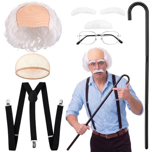 Rivvlive 6 Pcs Old Man Costume Set Old Man Wig Hairnet Eyebrows Mustache Glasses Suspender Cane for Grandpa Halloween Cosplay(White)