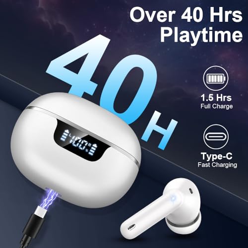 Image of Wireless Earbuds, Bluetooth 5.4 Headphones, Bluetooth In Ear Buds Earphones | 50H Playtime LED, Stereo Bass, 4 Noise Cancelling Mics, IP7 Waterproof Sports, USB C Charging White Ear Buds for Android iOS
