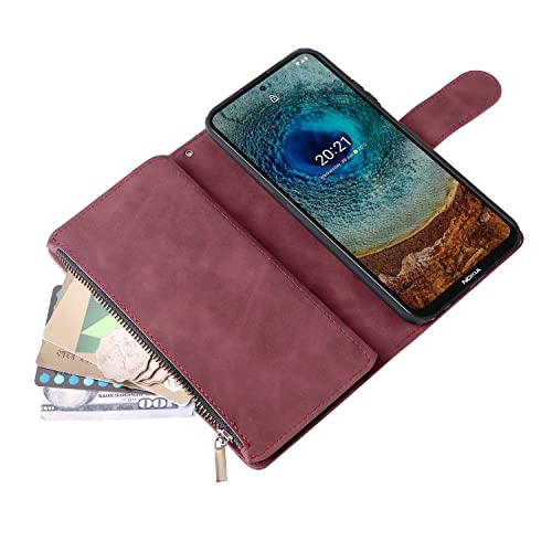 Lbyzcase For Nokia X100 Case With Card Holder,Durable Luxury Magnetic Folio Flip Leather Zipper Pocket Wrist Strap Kickstand Women Men Phone Case Cover For Nokia X100 (Wine Red) #TOP4